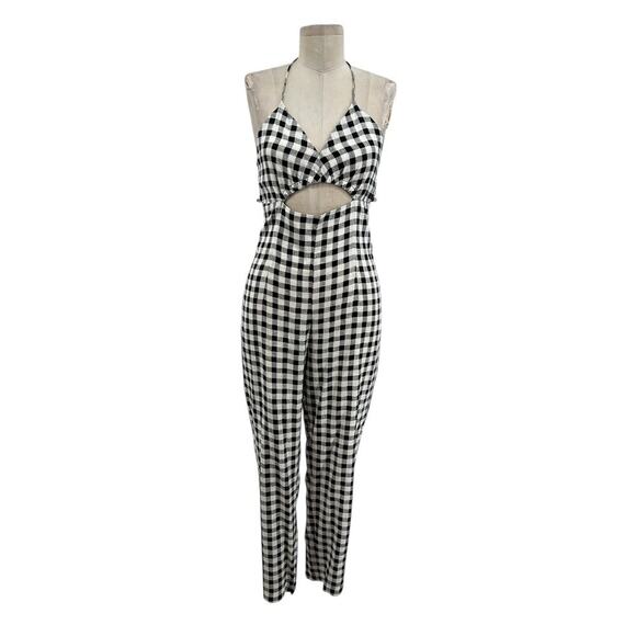 Zara Jumpsuit Cut Out Halter Gingham Check Plaid Linen Blend Black White Size XS - Picture 2 of 14